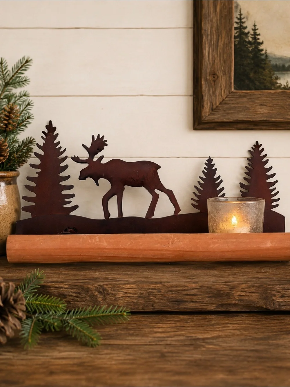 Rustic Metal Moose and Pine Tree Shelf Accent - Brown